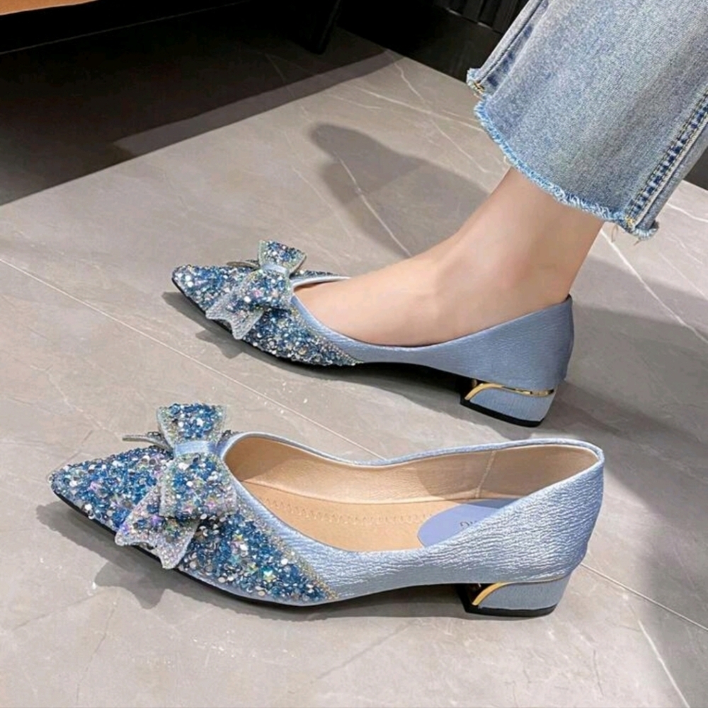 Women Rhinestone & Bow Decor Point Toe Flats, Glamorous Fabric Flats For Party - Picture 2 of 5